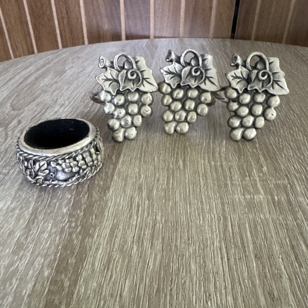 Pewter Ornate Grape Napkin Rings Set Of Four Used Heavy Good Condition 2 1/4 "